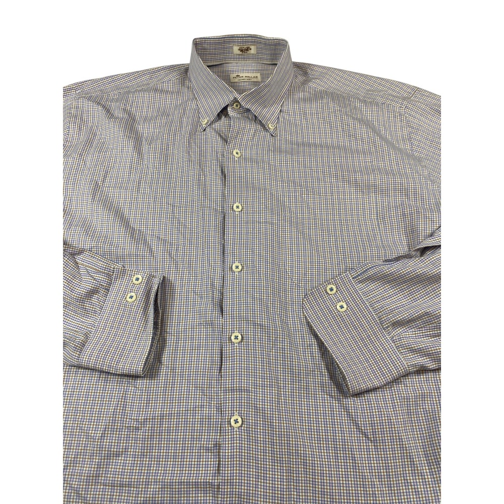 Peter Millar Crown Soft Mens Blue Tan Check Cotton Silk Button Down Shirt XL‎